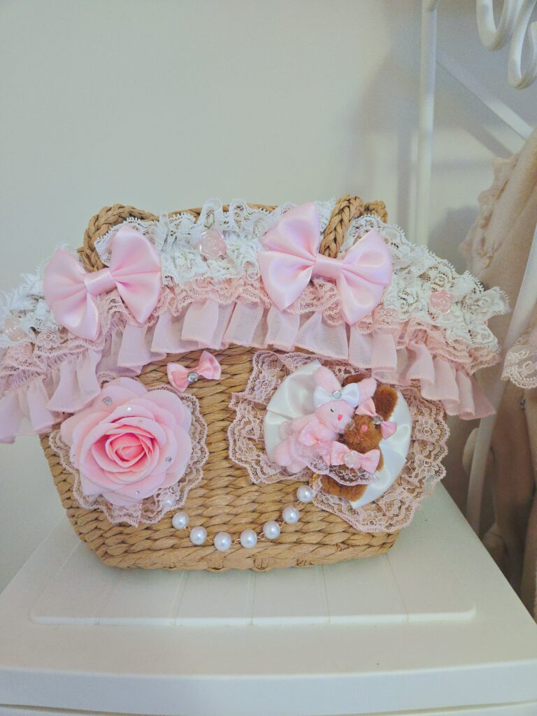 Ribbons and Roses Straw Tote Bag